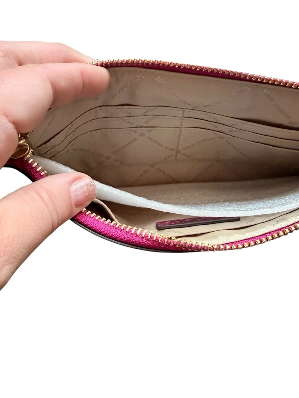 Michael Kors Fuchsia Snake-Print Leather Wristlet with Gold Logo